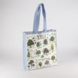 Organic cotton tree ID bag with blue shoulder strap handles and blue gusset panel