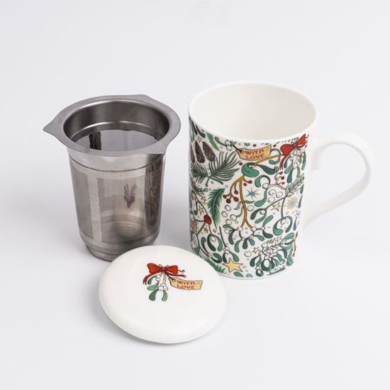 Mistletoe design bone china mug with lid and stainless steel infuser