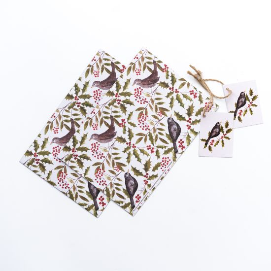 Picture of Woodland Trust gift wrap and tags - blackbirds and holly