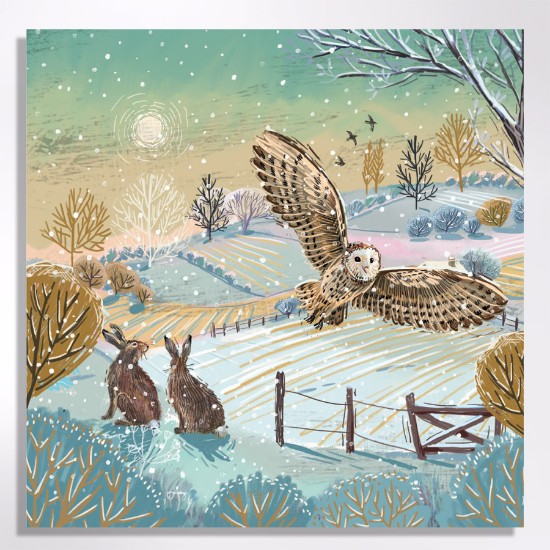 Picture of Owl and hare in fields - Christmas cards