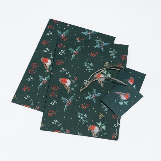 Picture of Woodland Trust gift wrap and tags -  Xmas robin with holly